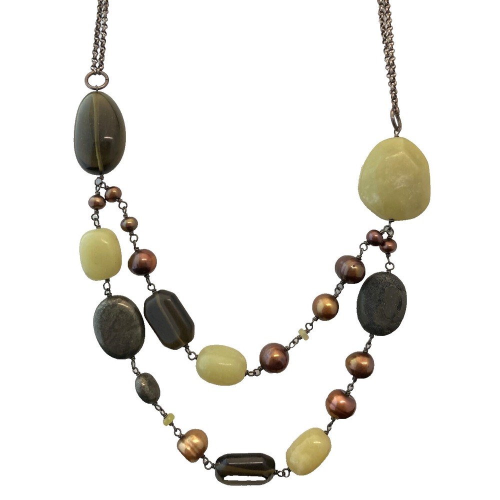 Peyote Bird Pearl Leather Stone 2 Strand‎ 925 Sterling Silver 20'' Necklace 60g